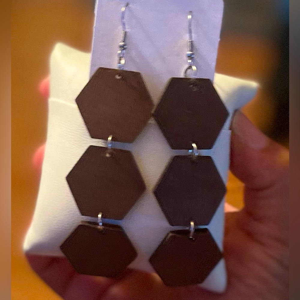 Triple Drop Wood carved Earrings